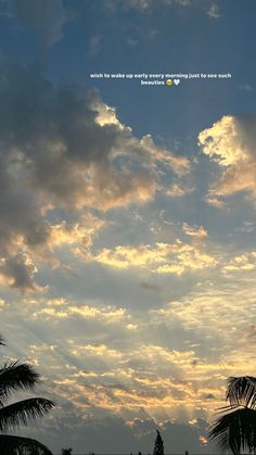 the sky is filled with clouds and palm trees