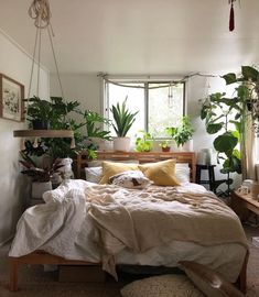 an unmade bed in a bedroom with plants on the windowsill and potted plants