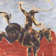 a painting of a man riding on the back of a horse with a lasso