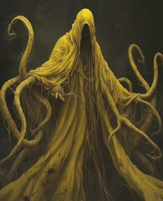 an image of a giant yellow squid with long tentacles on it's face and head