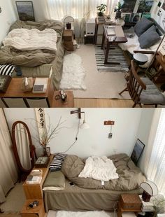 before and after photos of a living room with furniture, bed, desks and windows