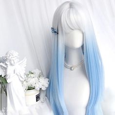 Kawaii Wigs, Pelo Anime, Long White Hair, Long Curly Wig, Dyed Hair Inspiration, Cosplay Hair, Fake Hair, Pretty Hair Color, Blue Gradient