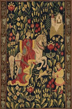 an intricately decorated tapestry with horses and people in the middle, surrounded by flowers