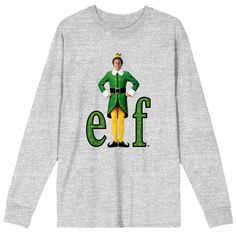 Celebrate the Christmas season in style with this Elf tee. The shirt features Buddy standing in his elf costume while a green e and f appear on either side of him to complete the film’s title. The tee comes in an athletic heather long sleeve shirt and makes a great gift for fans of the Elf movie. Size: small. Gender: unisex. Age Group: adult. Pattern: Fictitious Character. Material: Cotton. The Elf Movie, Hobbs Dresses, Elf Movie, Pacsun Mens, Elf Clothes, Elf Costume, Buddy The Elf, Custom Graphics, Top Graphic Tees