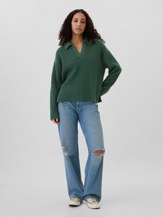 Relaxed 24/7 Split-Hem Johnny Collar Sweater Casual V-neck Sweater With Seamless Collar, Johnny Collar Sweater, Relaxed Fit Knit Long Sleeve V-neck Sweater, Stretch Long Sleeve Fine Knit V-neck Sweater, Green V-neck Knit Outerwear, Johnny Collar, Collar Sweater, Split Hem, Cotton Knit