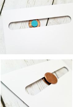 two pictures of the inside of a white envelope with a wooden button on it and another photo of an envelope