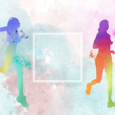 the silhouettes of two people are running in front of a white square on a colorful background