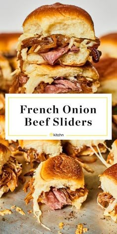 french onion beef sliders stacked on top of each other with the title overlay