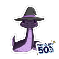 a purple dragon with a witches hat on it's head and the words buy 10 get 50 % off