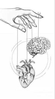 two human hands holding strings connected to the heart and brain, while another hand reaches for it