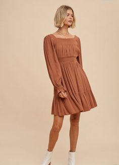 Dress With Long Sleeves, Ruffle Mini Dress, Camel Color, Square Neckline, Smocking, Camel, Cold Shoulder Dress, Long Sleeve Dress, Long Sleeves