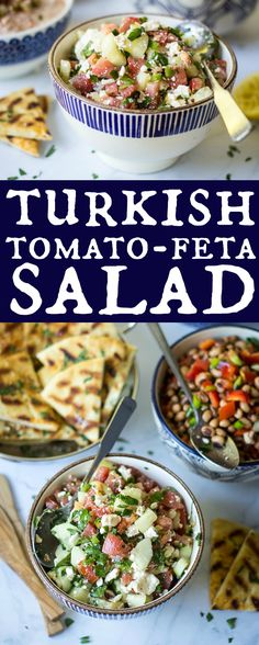 turkish tomato - feta salad with pita bread on the side and in bowls