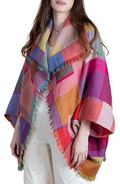 SAACHI Rainbow Plaid Wool Ruana | Nordstromrack Fall Multicolor Fringe Shawl, Multicolor Woven Shawl For Fall, Woven Multicolor Shawl For Fall, Rainbow Plaid, Swimwear Cover Ups, Fall Jackets, Wool Plaid, A Rainbow, Dolman Sleeve