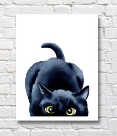 a black cat with yellow eyes on a white background is featured against a brick wall