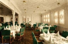 an old photo of a dining room with green chairs and white tablecloths on the tables