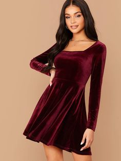 Burgundy Elegant  Long Sleeve Velvet Plain Fit and Flare Embellished Slight Stretch Fall/Winter Women Dresses Velvet Skater Dress, Velvet Dress Short, Burgundy Velvet Dress, Dresses By Pattern, 파티 드레스, Velvet Shorts, Shein Dress, Square Neck Dress, Estilo Chic