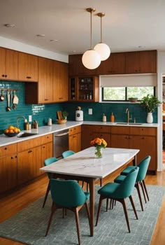 Mid-century modern kitchen design has captivated many, weaving the allure of the 1950s and 1960s into contemporary spaces. Mcm Kitchen Black Countertops, Mid Century Kitchen Pendant Lights, Teal Accent Kitchen, Mcm Kitchen Lighting, Kitchen Island Boho, Boho Kitchen Island, Modern Midcentury Home, Mid Century Modern House Interior, Mid Century Modern Kitchen Island