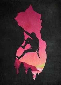 a man climbing up the side of a brick wall in front of a pink sunset