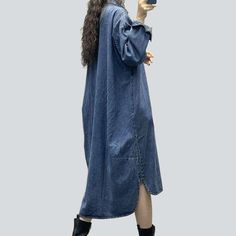 Reinvent your streetwear style with the 2023 Spring-Summer Collection's street shirt dress! Our vintage-inspired. full-length pull-on closure denim dress will elevate your wardrobe with a established Y2K vibe that's bound to make heads turn.Why You'll Fall In LoveThis showstopper of a dress is a perfect blend of trendy couture and nostalgic elegance. with intricate printed prints and a sanded finish adding depth and character to your look. The free silhouette promises unrestricted comfort and mo Casual Long Shirt Dress For Spring, Long Casual Shirt Dress For Spring, Casual Oversized Denim Dress, Long Shirt Dress With Pockets For Spring, Oversized Denim Casual Dress, Spring Long Shirt Dress With Pockets, Casual Long Shirt Dress With Pockets, Trendy Relaxed Fit Shirt Dress With Pockets, Oversized Dark Wash Cotton Denim Dress