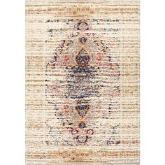 an area rug with multicolored stripes and ornate designs on the front, in white