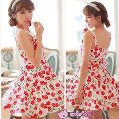 [S/M/L] Sweet Cherries Sundress SP151801 - Thumbnail 2 Sweet Cherries, Kawaii Clothes, Sundress, Halter Dress, Cherry, Backless Dress, Print Dress, White And Black, White