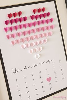 a calendar with pink hearts on it