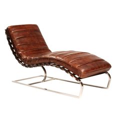 a brown leather chaise lounge chair with chrome legs and footrests on a white background