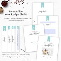 the personalize recipe binder is shown in four different colors and font options, along with