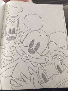 a drawing of mickey mouse and donald duck on a book open to show the inside pages