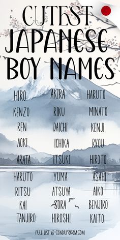 a poster with the names of some japanese boys in front of a snow covered mountain