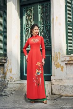 Very elegant design Red Full Length Festive Dress, Festive Full Length Red Dress, Long Red Dress For Spring, Spring Long Red Dress, Fitted Red Maxi Dress For Festive Occasions, Festive Fitted Red Maxi Dress, Festive Red Fitted Maxi Dress, Red Ao Dai For Spring Party, Festive Red Long Sleeve Maxi Dress