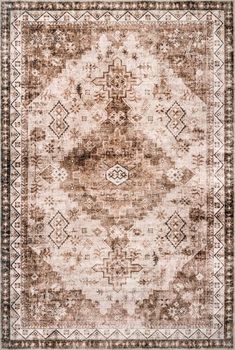 an area rug with brown and white designs on the front, in shades of beige