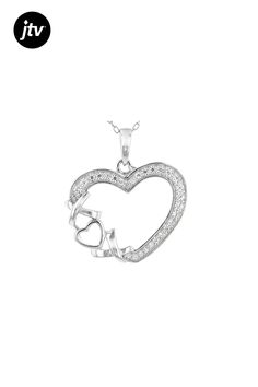 Bella Luce �� white diamond simulant 0.46ctw round, rhodium over sterling silver heart pendant with chain. Pendant measures approximately 0.94"L x 0.81"W and has a 2mm bail. Includes an 18" cable chain with a spring ring closure. The diamond equivalent weight is 0.28ctw. Diamond White Sterling Silver Heart Necklace, Silver Double Heart Sterling Silver Diamond Necklace, Silver Sterling Double Heart Diamond Necklace, Sterling Silver Heart Pendant With Pave Setting, Sterling Silver Heart Pendant Jewelry With Pave Setting, Silver Double Heart Diamond Necklace In Sterling Silver, Silver Sterling Silver Diamond Necklace With Double Heart, White Gold Sterling Silver Heart Necklace With Diamond Accents, Silver Diamond Necklace With Accents For Valentine's Day