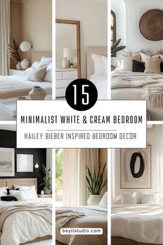 minimalist white and cream bedroom with text overlay that reads 15 minimalist white and cream bedroom