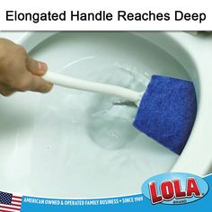 a person is cleaning a toilet with a blue sponge and a white plastic plunger