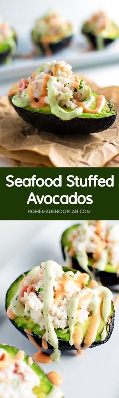 stuffed avocados with shrimp and mayonnaise on them are ready to be eaten