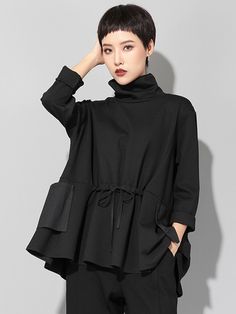 Original Solid Color Smocked High-Neck Sweatshirts BLACK-M Oversized Black Tops For Fall, Oversized Black Top For Fall, Casual Smock Blouse For Fall, Black Long Sleeve Blouse For Fall, Black Crew Neck Blouse For Winter, Casual Smocked Blouse For Fall, Casual Black Turtleneck Sweatshirt, Black Relaxed Fit Top For Winter, Black Stretch Sweatshirt For Spring