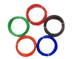 four different colors of wire on a white background with one red, one blue and one green