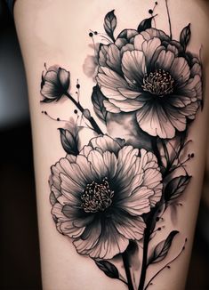 black and white flower tattoo on the thigh