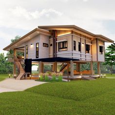 an artist's rendering of a two story house in the middle of a grassy area