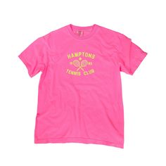 🛒Serve up some serious style with the Hamptons Tennis Club T-Shirt! This preppy tee is the perfect way to add a pop of color to your to your summer wardrobe. Comfortable and stylish, it's perfect for the beach, pool or simply enjoying a warm day. But it's not just about style - this neon pink t-shirt, made by comfort colors is made with comfort in mind. Get ready to be the trendsetter this summer (and don't forget to size up for a trendy oversized fit!)  📦 FREE SHIPPING on orders $35 or more to US shoppers 👕Brand = Comfort Colors 🧵Fabric = 100% Cotton 🎨Color = Neon Pink -Colors will vary from computer to computer and monitor to monitor.  -The colors shown may not be an exact representation.  -Slight shade variations of garment colors are likely in the pigment dye process.  ✂️Design = Pink Relaxed Fit Sporty T-shirt, Basic Pink Summer Shirt, Sporty Pink Short Sleeve T-shirt, Sporty Pink T-shirt With Text Print, Sporty Summer T-shirt With Text Print, Summer Pink Pre-shrunk T-shirt, Sporty Pink T-shirt With Screen Print, Sporty Pink T-shirt With Slogan, Sporty Pre-shrunk Pink Shirt