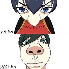 two anime faces with different expressions on each face, one has blue eyes and the other has green hair