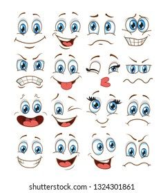 a set of cartoon eyes with different expressions and facial features, including the upper half of the face