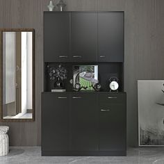 a black cabinet in the corner of a room