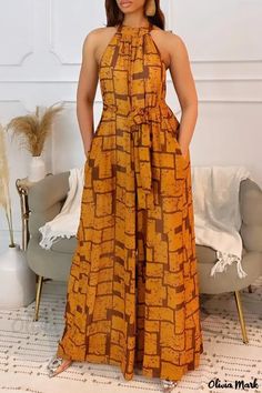 Olivia Mark - Stylish Everyday Printed O Neck Jumpsuits for a Casual Look Sleeveless Brown Jumpsuits And Rompers With Pockets, Yellow Sleeveless Jumpsuits And Rompers For Work, Yellow Sleeveless Jumpsuit For Work, Sleeveless Brown Jumpsuit With Pockets, Brown Sleeveless Jumpsuit With Pockets, Multicolor Printed Maxi-length Jumpsuits And Rompers, Bohemian Printed V-neck Jumpsuit, Loose Jumpsuit, Jumpsuit Chic