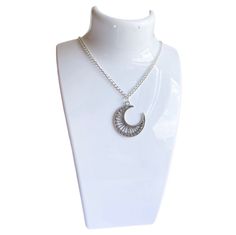 Simple celestial rhinestone moon pendant necklace!  pendant size: 1.5 inch  color: silver steel  chain: rolo, stainless steel, 18 inches  clasp: lobster  Jewelry care: Avoid getting wet, remove before sleeping & showering, store in a dry sealed environment Lobster Jewelry, Moon Pendant Necklace, Silver Rhinestone, Moon Pendant, Steel Chain, Stainless Steel Chain, Necklace Pendant, Jewelry Care, Handcrafted Jewelry