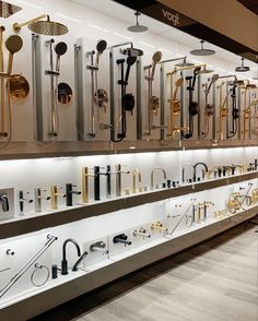 an assortment of musical instruments on display in a store