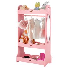 a pink toy shelf with stuffed animals and clothes hanging from it's hooks,