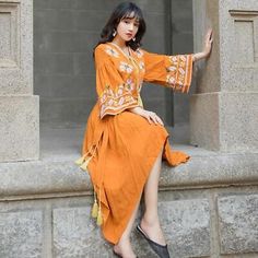 Premium Quality Women's Cotton Linen Maxi Dress Bohemia V Neck Ethnic Embroidered Retro Fashion, Stunning Womens Dresses Orange Bohemian V-neck Boho Dress, Embroidered V-neck Bohemian Dress, Orange V-neck Dress With Boho Print, Brown Bohemian V-neck Maxi Dress, Orange Boho Print V-neck Dress, Linen Maxi Dress, Cotton Linen, Women's Fashion Dresses, Retro Fashion