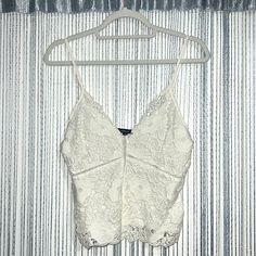 White Lace Crop Top With Spaghetti Straps. New Condition, Never Worn. Size Large White Lace Tank Top For Party, Party Lace Crop Top With Spaghetti Straps, White Lace Top Tank Top For Party, White Lace Top Camisole For Party, Sparkle Crop Top, Ribbed Halter Top, White Lace Crop Top, Plaid Crop Top, Grey Crop Top